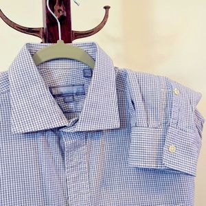 Hickey Freeman dress shirt blue black white check 17 neck 33 sleeve